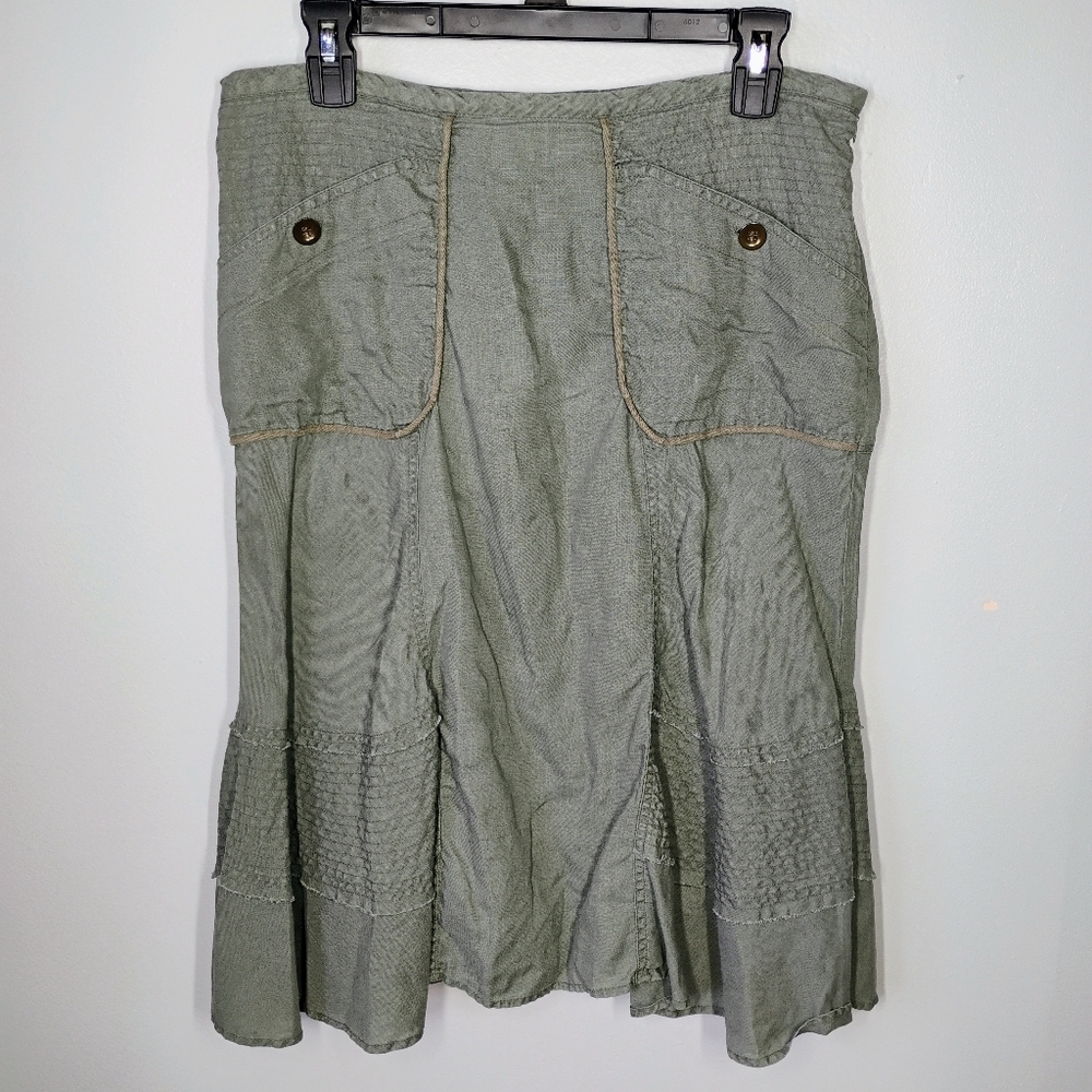 Intuitions Y2K 100% Linen Knee Length Skirt Military Army Green Size 8